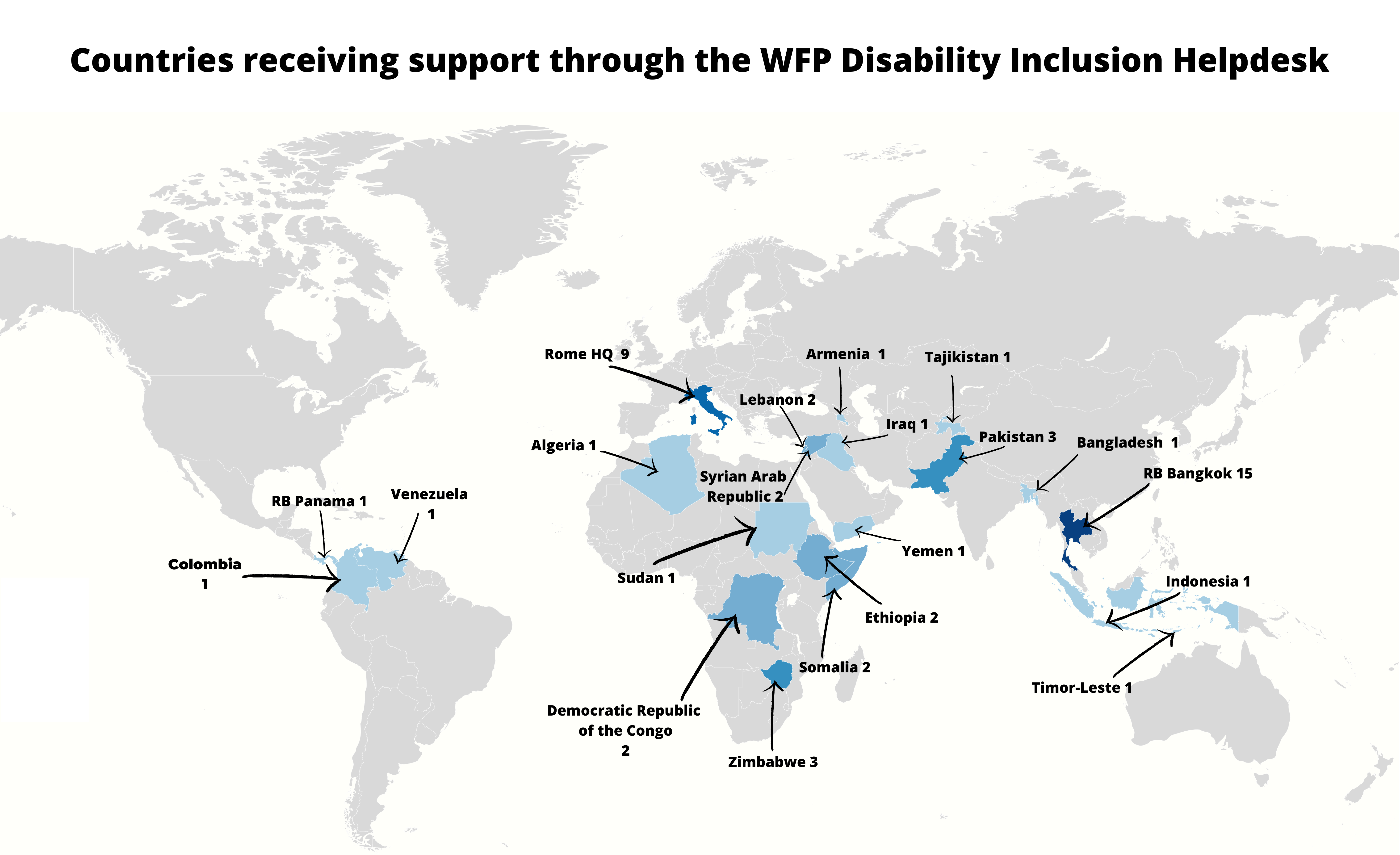 A map showing the countries receiving support through the World Food Programme Disability Inclusion Helpdesk