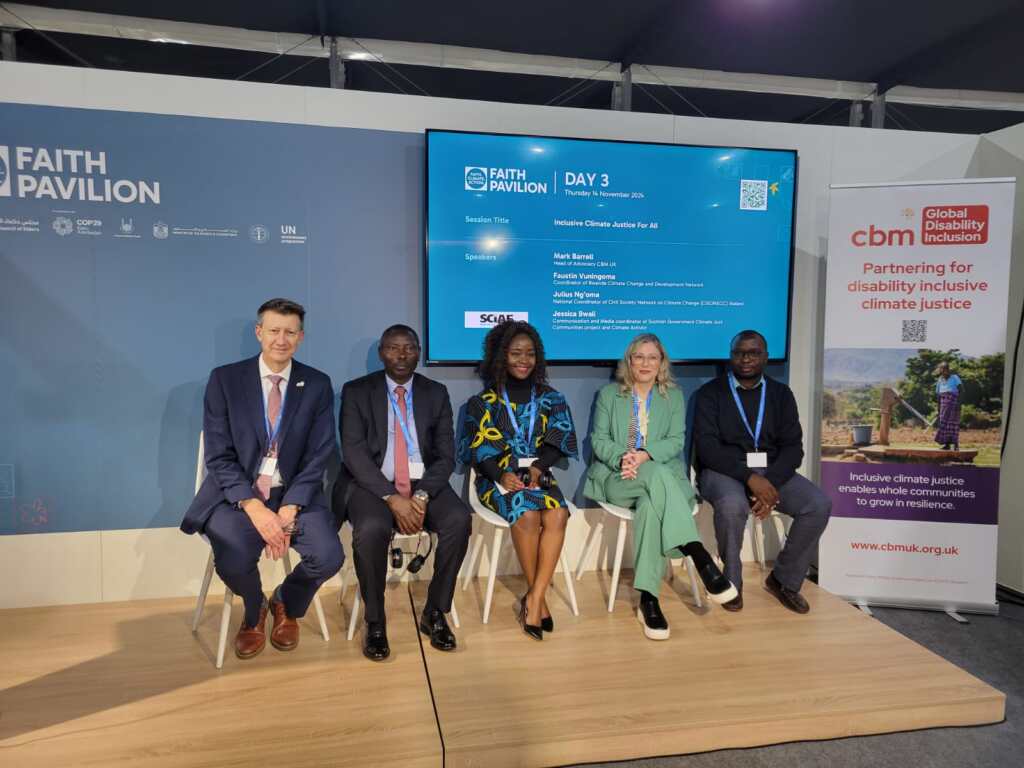 CBM UK Advocacy Director Mark Barrell with fellow speakers at the Faith Pavilion to speak about the Climate Just Communities initiative 