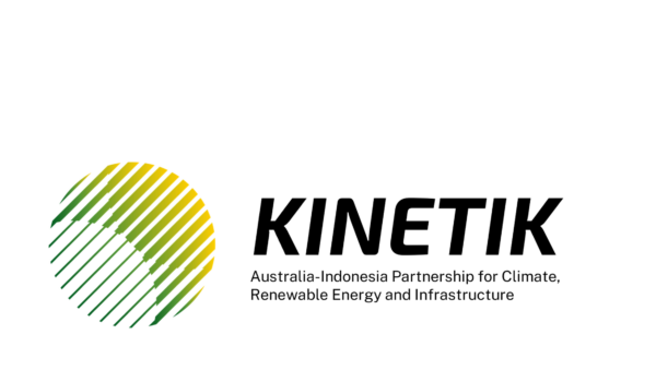 A circular logo composed of diagonal green and yellow lines forming an abstract sphere sits to the left of the word “KINETIK” in bold black letters. Below the name is the tagline “Australia-Indonesia Partnership for Climate, Renewable Energy and Infrastructure.”