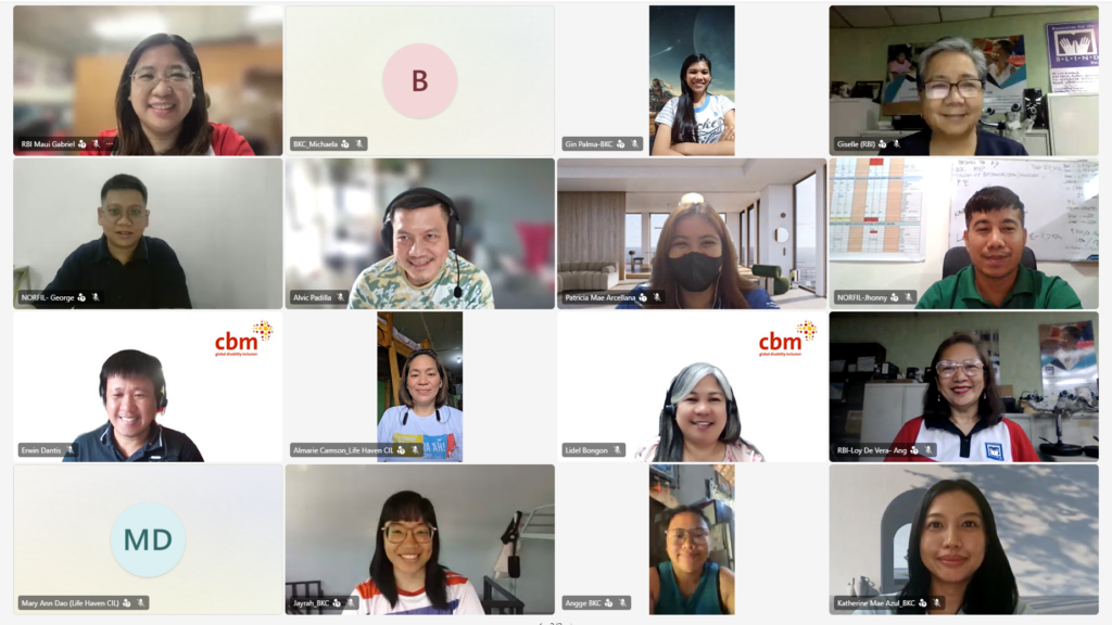 Screenshot of a virtual Partners&rsquo; Meet session showing CBM Global Philippines Country Team members and partner organisation representatives joining online in a grid layout.