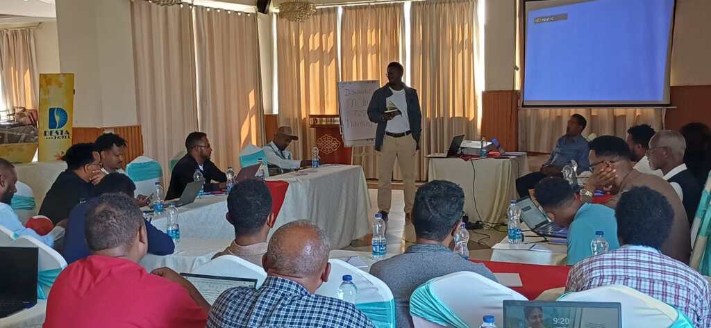 A facilitator addresses participants during a disability inclusion training of trainers for WFP focal points in Ethiopia&rsquo;s Tigray region, co-facilitated with leaders from organisations of persons with disabilities.